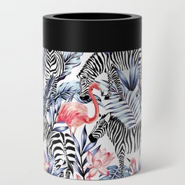 Exotic pink flamingo, zebra on background summer blue tropic palm leaf Can Cooler