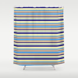 [ Thumbnail: Tan, Dark Blue, Pale Goldenrod & Blue Colored Lined Pattern Shower Curtain ]