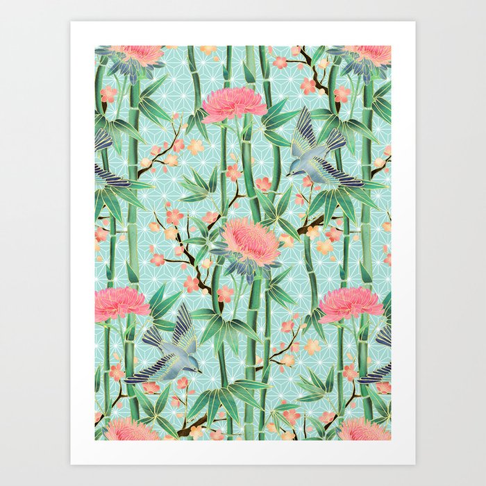 Bamboo, Birds and Blossom - soft blue green Art Print