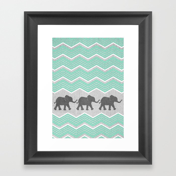 Three Elephants - Teal and White Chevron on Grey Framed Art Print