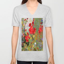 Red Geraniums in Spring Garden Landscape Painting V Neck T Shirt
