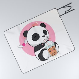 Cute Panda Chibi Drinking Boba Bubble Tea Picnic Blanket