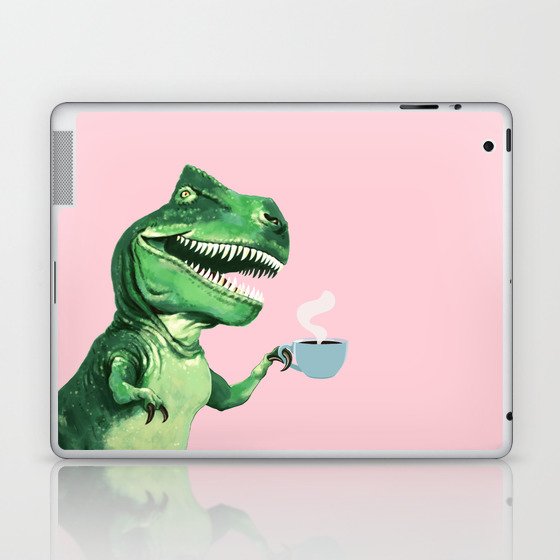 T-Rex Enjoying Coffee in Pink Laptop & iPad Skin