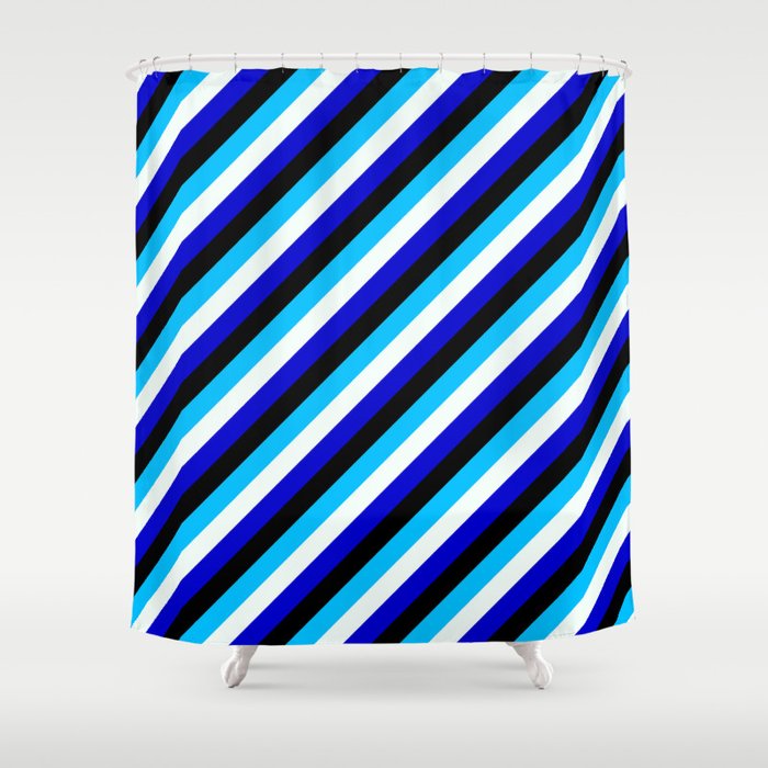Deep Sky Blue, Mint Cream, Blue & Black Colored Stripes Pattern Shower Curtain