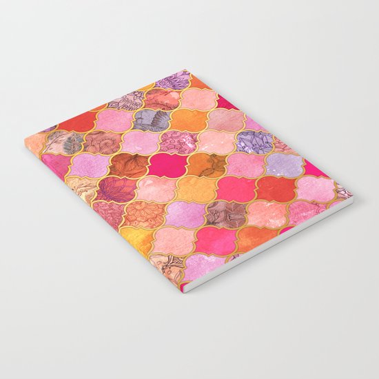 Hot Pink, Gold, Tangerine & Taupe Decorative Moroccan Tile Pattern Notebook