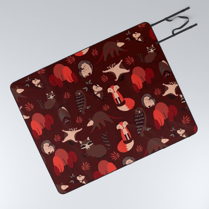 Woodland Nocturnal Animals Red Picnic Blanket