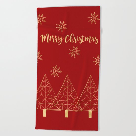 Merry Christmas Red and Gold Beach Towel