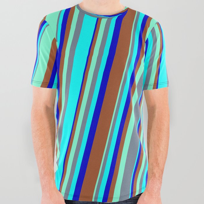 Colorful Aquamarine, Slate Gray, Cyan, Blue & Sienna Colored Striped/Lined Pattern All Over Graphic Tee