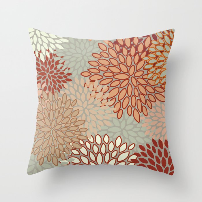 Floral Print Abstract Pattern Sage Green Coral Rust Red Throw