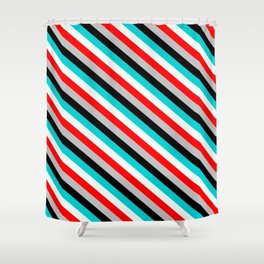 [ Thumbnail: Eye-catching Dark Turquoise, Mint Cream, Red, Grey, and Black Colored Lines/Stripes Pattern Shower Curtain ]