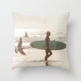 Beach Surfer - Sunset Ocean Seagulls Throw Pillow