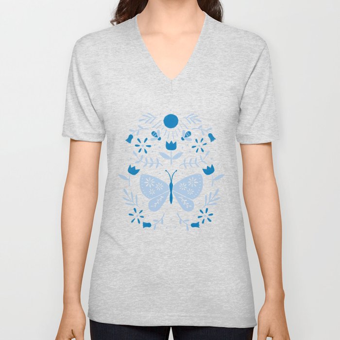 Folk Butterfly And Honey Bee | Blue V Neck T Shirt