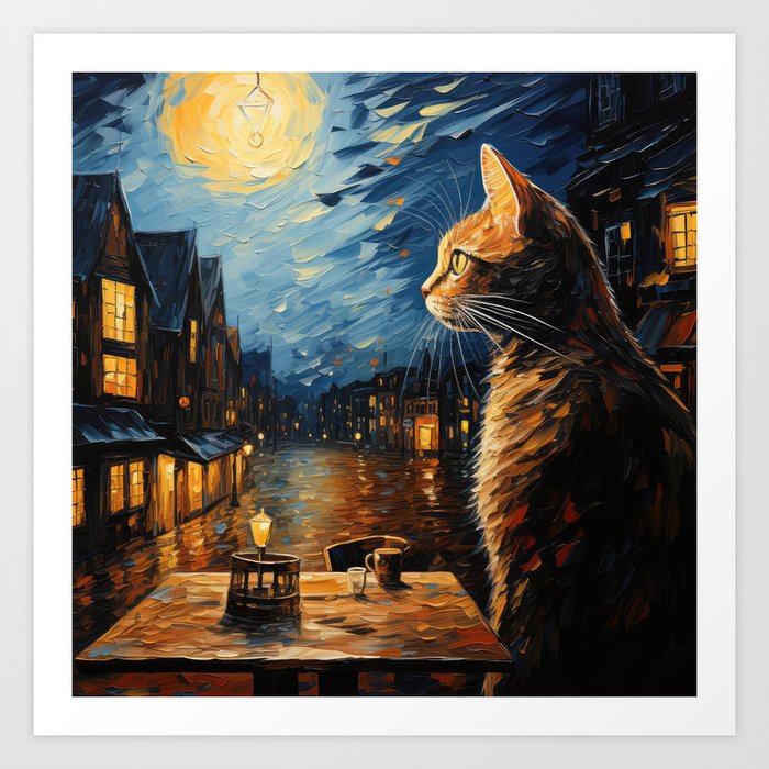 Orange Cat and Cafe Terrace at Night Van Gogh inspired Art Print