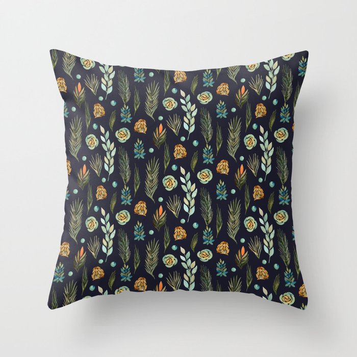 Plants Pattern Branches Leaves Green Navy Floral Watercolor Throw Pillow