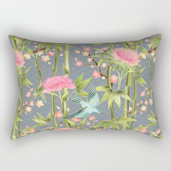 Bamboo, Birds and Blossom - grey Rectangular Pillow