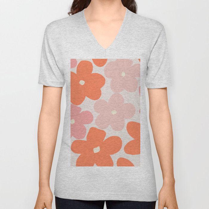 Groovy Daisy Flowers in Pastel Pink and Orange Hues V Neck T Shirt