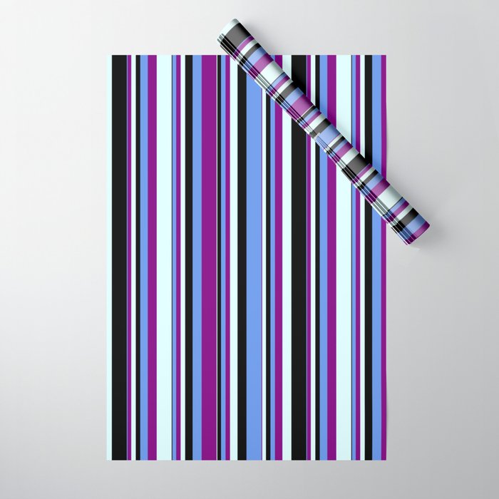 Cornflower Blue, Purple, Light Cyan, and Black Colored Stripes Pattern Wrapping Paper