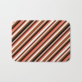 [ Thumbnail: Red, Mint Cream, Brown, and Black Colored Striped/Lined Pattern Bath Mat ]