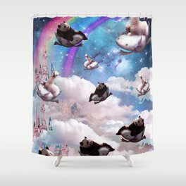 Llama Panda Riding Axolotl, Space Rainbow Clouds Shower Curtain