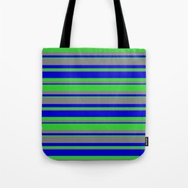 [ Thumbnail: Blue, Lime Green & Gray Colored Lined/Striped Pattern Tote Bag ]
