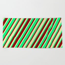 [ Thumbnail: Green, Dark Red & Pale Goldenrod Colored Stripes Pattern Beach Towel ]