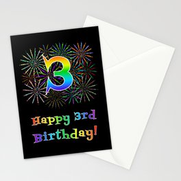 [ Thumbnail: 3rd Birthday - Fun Rainbow Spectrum Gradient Pattern Text, Bursting Fireworks Inspired Background Stationery Cards ]