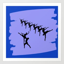 Ballerina figures in black on blue brush stroke Art Print