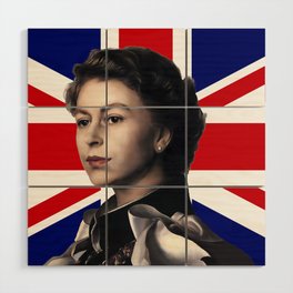 Queen Elizabeth II with British Flag Wood Wall Art