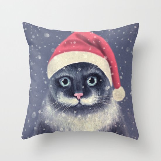 Christmas cat with a mustache Throw Pillow