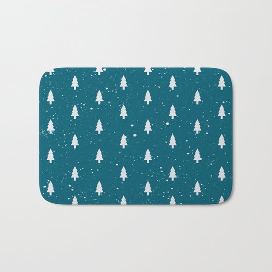 Christmas Trees Pattern Teal Bath Mat