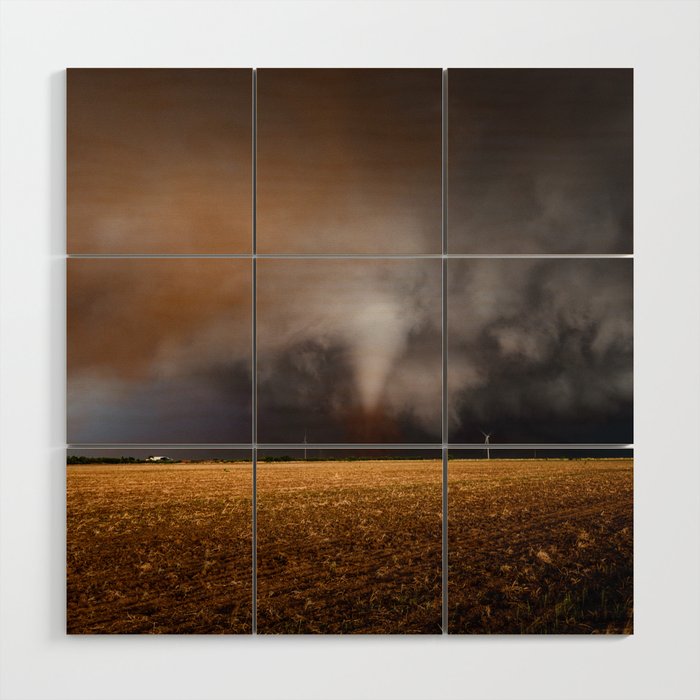 The Wind and the Dirt - Tornado Churns Up Dust Over Open Field on Stormy Spring Day in Texas Wood Wall Art