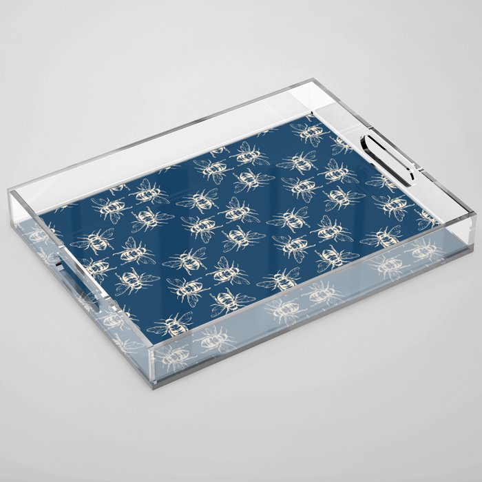 Nature Honey Bees Bumble Bee Pattern Blue Beige Acrylic Tray