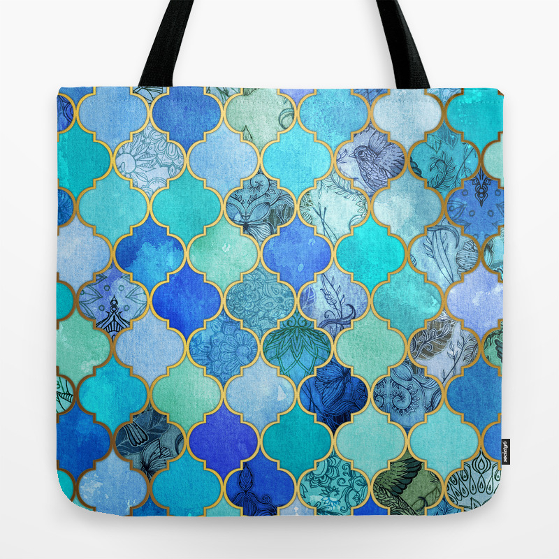 Cobalt Blue Aqua Gold Decorative Moroccan Tile Pattern Tote Bag