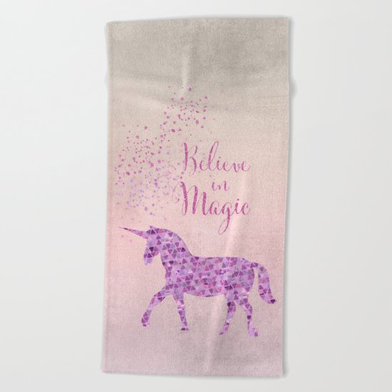 Glamorous Unicorn Faux Glitter Believe in Magic pink purple Beach Towel