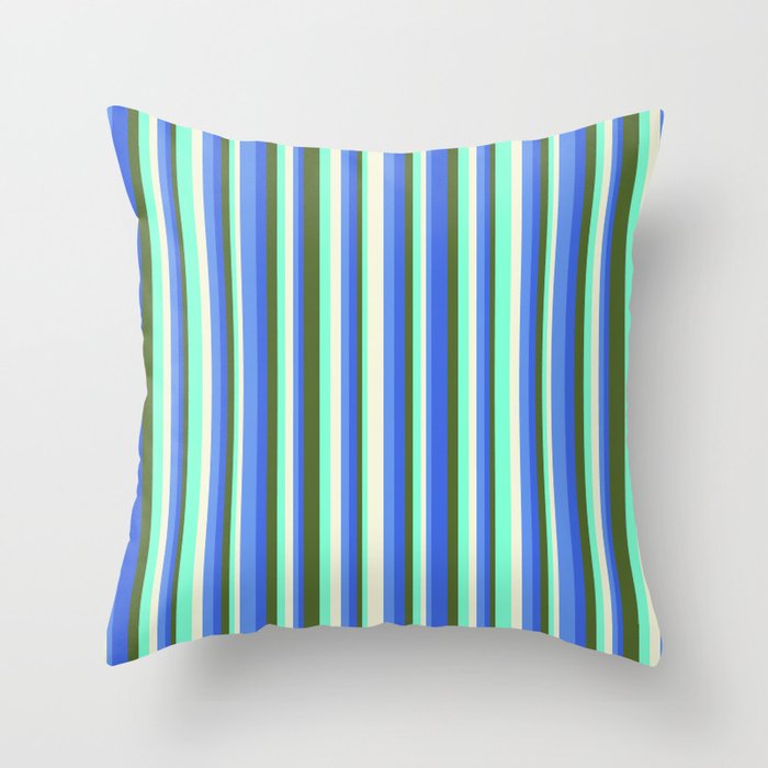 Eyecatching Dark Olive Green, Royal Blue, Cornflower Blue, Beige, Aquamarine Colored Stripes Pattern Throw Pillow