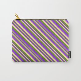 [ Thumbnail: Purple, Tan, and Green Colored Lines Pattern Carry-All Pouch ]