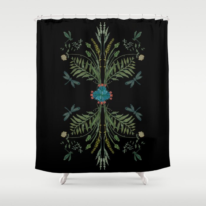 Midnight French Vintage Inspired Botanical Pattern Shower Curtain