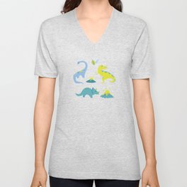 Kawaii Dinosaurs in Blue + Green V Neck T Shirt