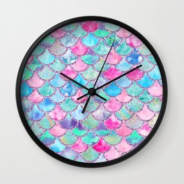 Colorful Pink and Blue Watercolor Trendy Glitter Mermaid Scales  Wall Clock