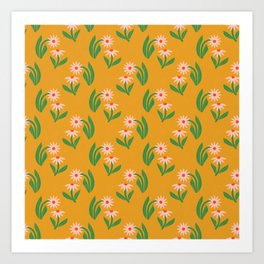 Pink Daisy Pattern - Yellow Art Print