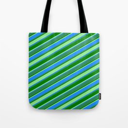 [ Thumbnail: Light Green, Blue, Sea Green, and Green Colored Stripes Pattern Tote Bag ]