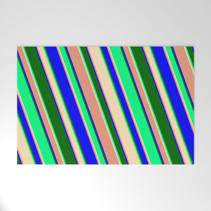 Green, Beige, Dark Salmon, Blue & Dark Green Colored Striped/Lined Pattern Welcome Mat