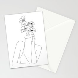 Minimal Line Art Woman with Flowers Stationery Card