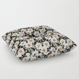 Nature pattern with Daisies, clovers and ladybugs on a black background Floor Pillow