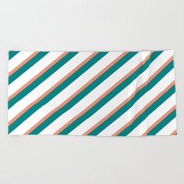 [ Thumbnail: Dark Salmon, Teal & White Colored Lines Pattern Beach Towel ]