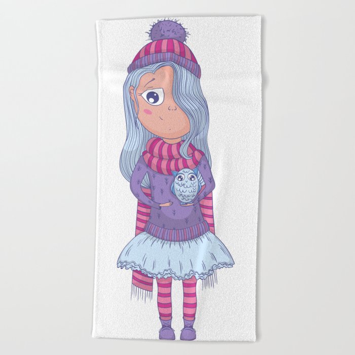 Cute anime girl in tutu and winter clothes with owl. Cartoon character Beach  Towel by kateja | Society6