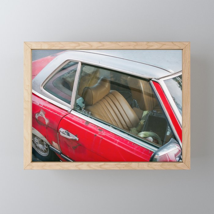 Rusted Red Car | Abandoned vintage car film photograph Framed Mini Art Print