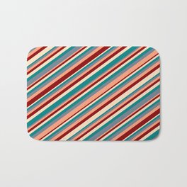[ Thumbnail: Eye-catching Bisque, Teal, Slate Gray, Light Salmon & Dark Red Colored Stripes Pattern Bath Mat ]