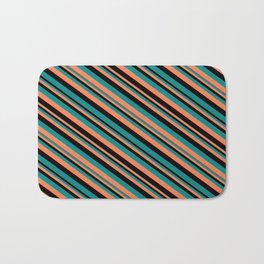 [ Thumbnail: Black, Dark Cyan & Coral Colored Striped Pattern Bath Mat ]