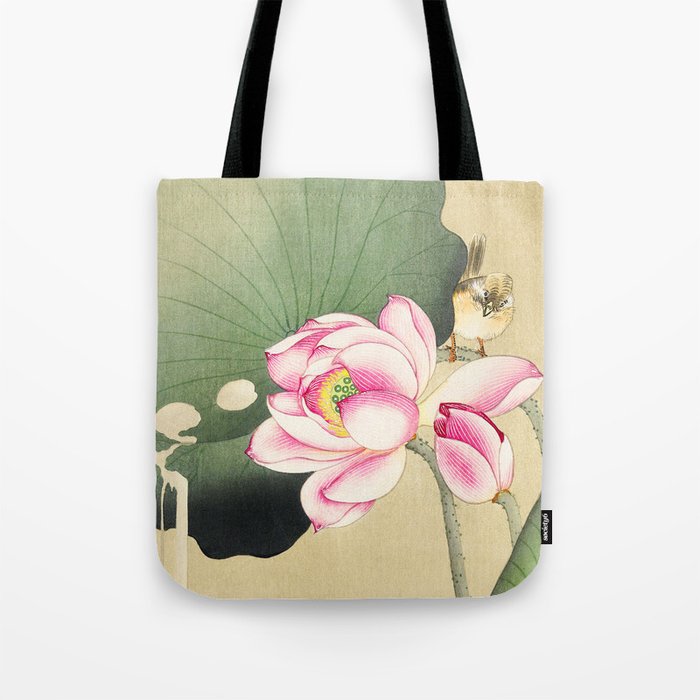 Bird sitting on lotus flower  - Vintage Japanese Woodblock Print Art Tote Bag
